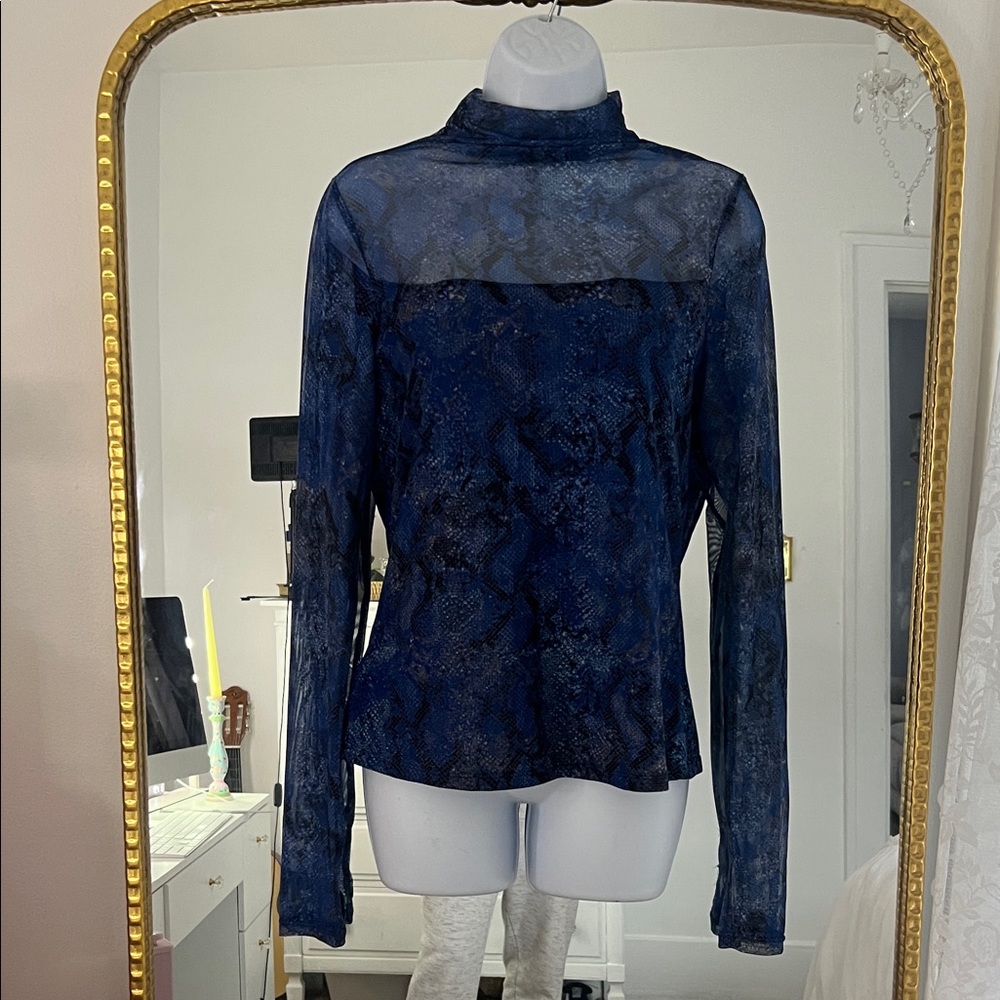 BCBGenegation mesh snake print Blue Sheer Long mock neck pullover Top Sz  medium